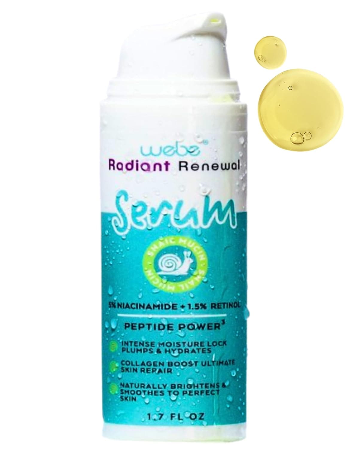 WEBE Radiant Renewal Face Serum with Snail Mucin Niacinamide Retinol Vitamin C Hyaluronic Acid Zinc PCA Peptides AntiAging Brightening Hydrating Serum for Smooth Glowing Skin