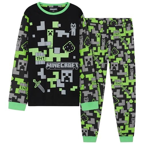 Minecraft Boys Long Sleeves Top And Bottom Set, Cotton 2 Pieces Boy Set (Black/Green, 13-14 Years)