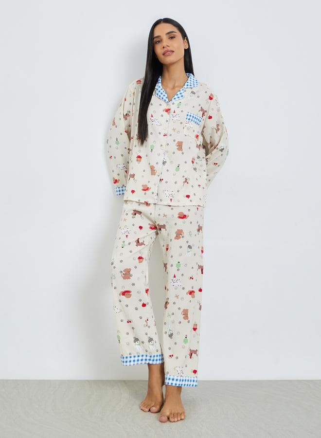 Gingham Collar Printed Shirt and Pyjama Set