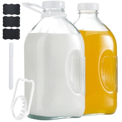 FyndraX Glass Milk Jugs Bottles - Half Gallon / 2Qt Container Pitcher with Airtight Screw Lids and Handle for Milk, Breastmilk, Juice, Iced Tea, Cold Water, 64 OZ Set of 2