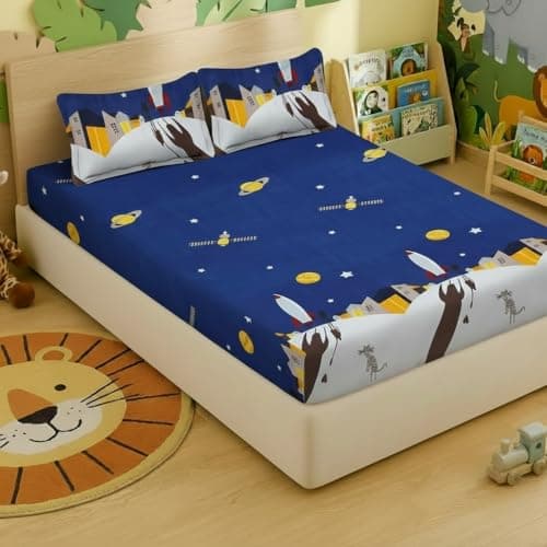 Filymore Rocket Bedsheet for Girls - Cartoon Rocket Print Double Bed Queen Size with 2 Pillow Covers (90x90 inches, Blue and Yellow)