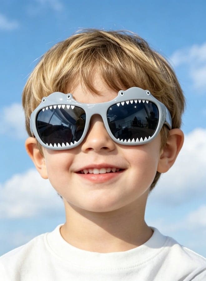 Kids UV400 Protection with Light Weight Eyewear, 3D Cute Shark Shape Kids Sunglasses Set, Ocean Cartoon Pattern Portable Hard Protective Case