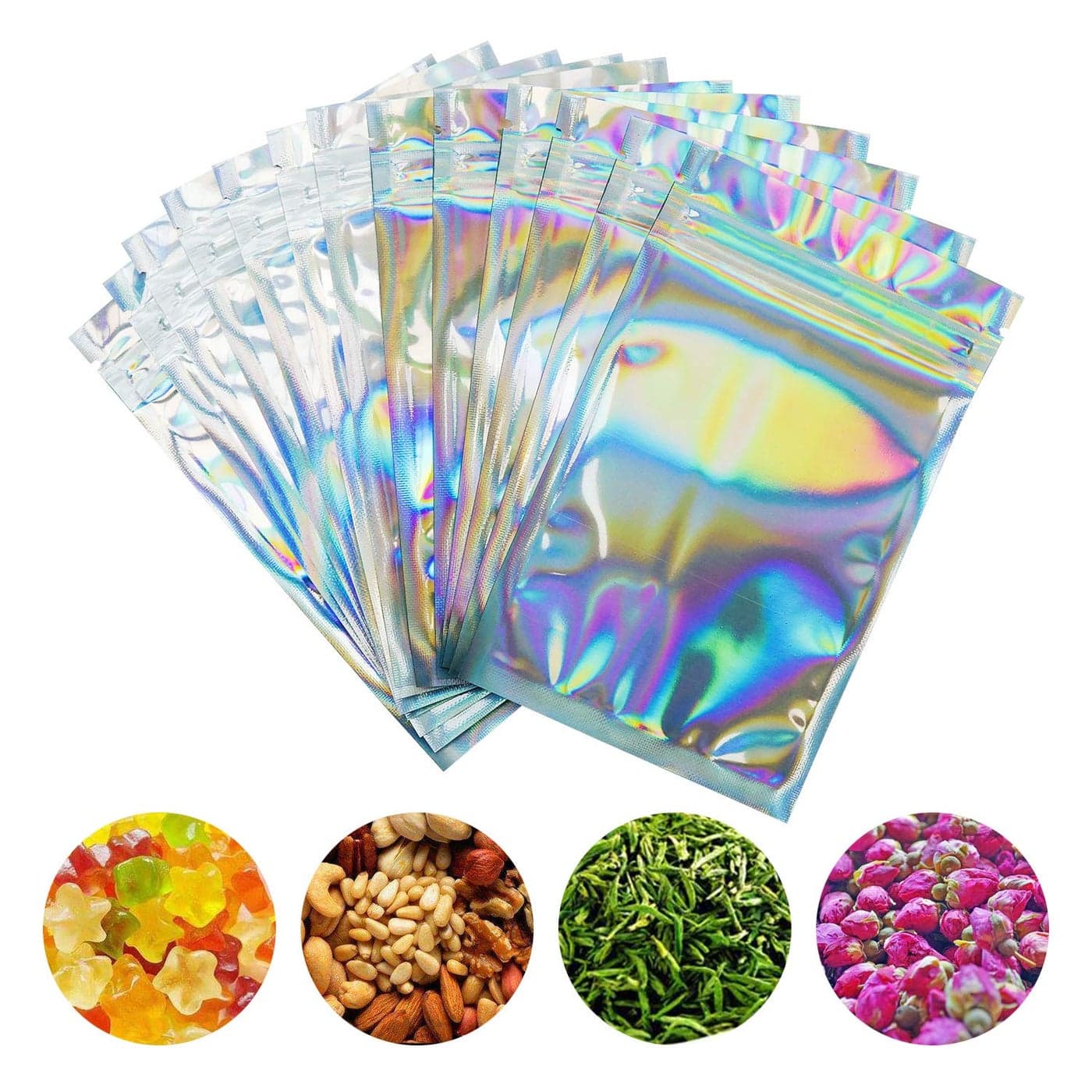 HAPPY COASTER CARDS 100 Pieces Smell Proof Bags 3x5 Inches Resealable Mylar Bags Clear Zip Lock Food Candy Storage Bags Holographic Rainbow Color
