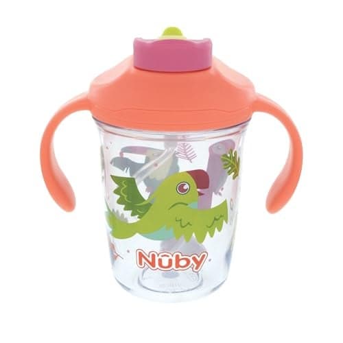 Nuby MultiFunction 2in1 Toddler Cup with 360 Weighted Straw and Hard Spout 8 oz Easy Grip Handles and FlipIt Top 4 Months Tropical Birds