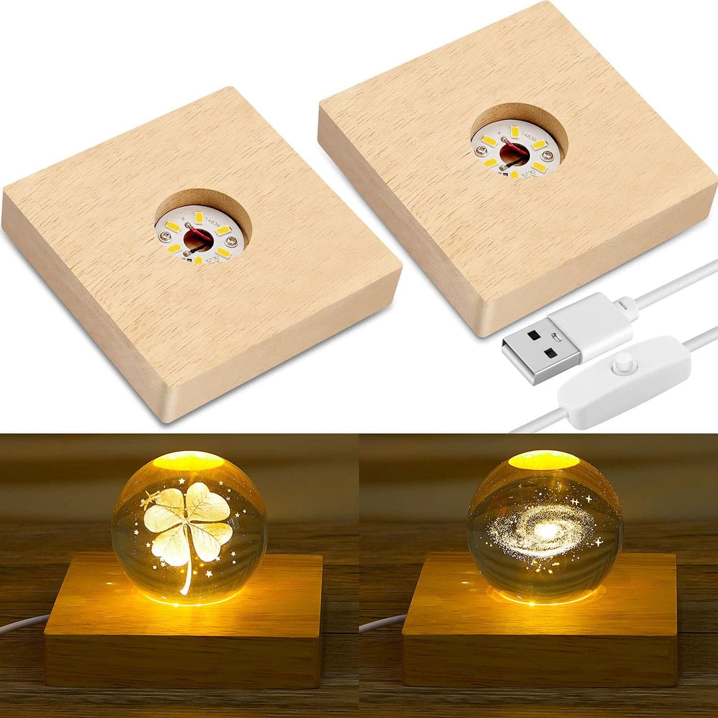 Honoson 2 Pcs LED Base Wood Light Display Base for Crystal Glass Art Resin Light Display Stand with 6 LED Wooden Crystal Resin Lamp for 3D Laser USB OnlySquare