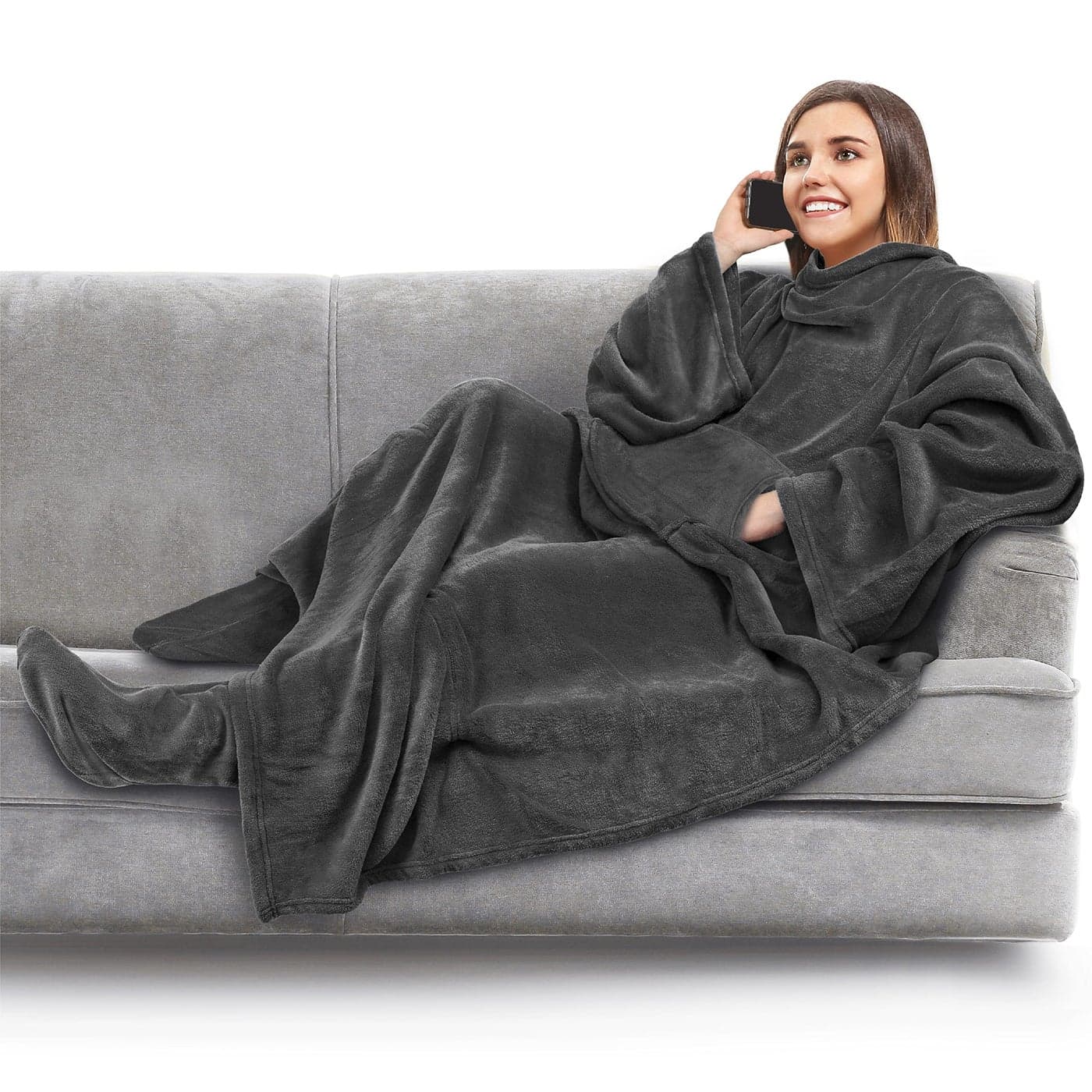 PAVILIA Fleece Blanket with Sleeves Foot Pockets for Women Men Adults Plush Wearable Blanket Throw Wrap Warm Snuggle Blanket Robe Cozy Gift Ideas Wife Mom Dark Gray