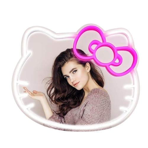 MCJSGSP Anime Hello Kit Mirror with Light Neon Signs for Wall Decor, Dimmable for Teen Girl Gift,Makeup Mirror neon Sign Room Decor (16.1 * 14 inch)