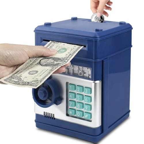 Cargooy Mini ATM Piggy Bank ATM Machine Best Gift for KidsElectronic Code Piggy Bank Money Counter Safe Box Coin Bank for Boys Girls Password Lock Case Navy Blue