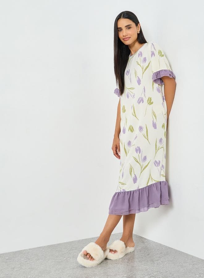 Cream Floral Print Ruffle Hem Nightdress