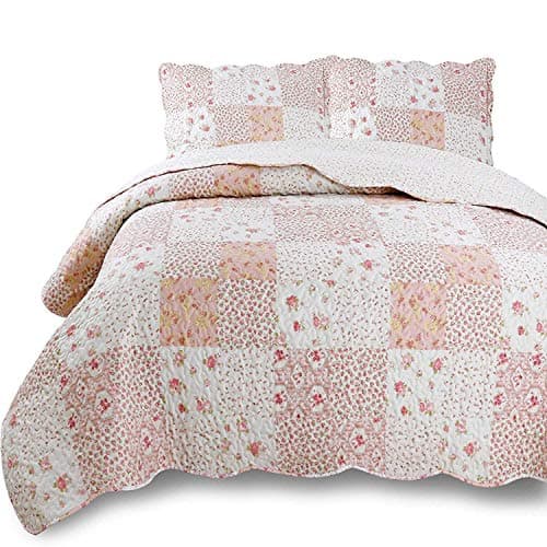 KASENTEX King Quilt Set - Reversible Patchwork Flower Quilt Bedding Set,3 Pieces Soft Microfiber Lightweight Bedspread,Exquisite Printed Coverlet with 2 Pillow Shams for All Season(Pink Floral,104x90)