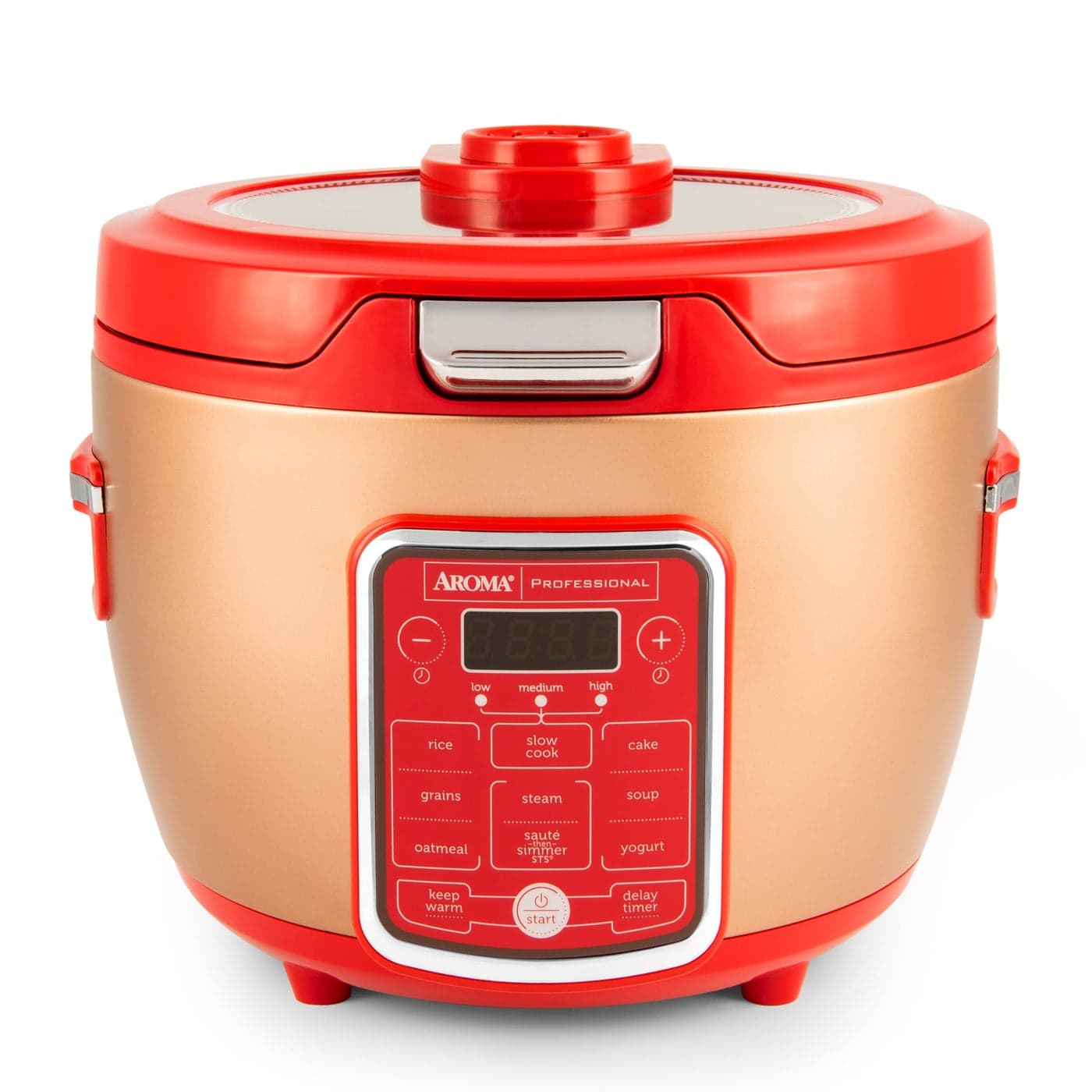 Aroma Professional ARC1230R Cool Touch Glass Lid Food Steamer Slow Cooker Multicooker with 11 Preset Functions Steam Tray Measuring Rice Spatula 20 Cup Cooked Red