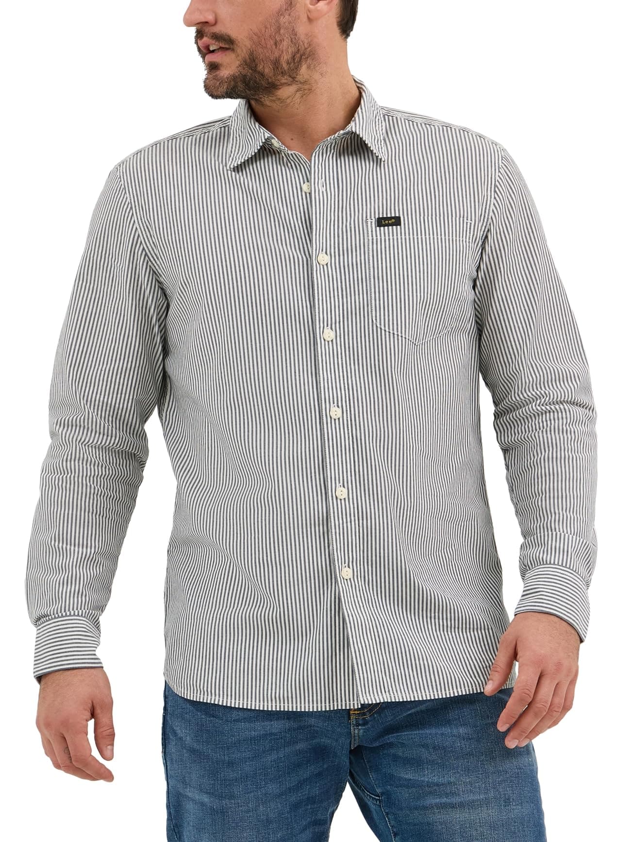 Lee Men's All Purpose Classic Fit Long Sleeve Shirt, Ecru Stripe, Large
