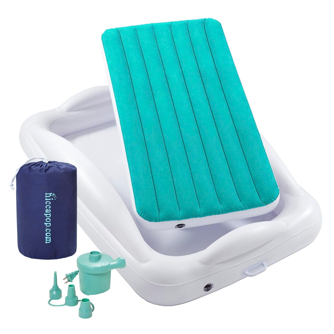 hiccapop Inflatable Toddler Travel Bed with Safety Bumpers 4Sided Portable Toddler Bed for Kids Toddler Air Mattress Kids Air Mattress Teal Blue