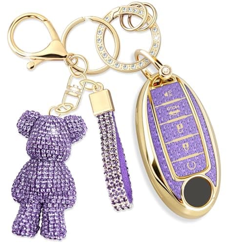 Rayslesan Cute Key Fob Cover with Rhinestone Bear Charm Bling TPU Smart Key Case for Women Compatible with Nissan Altima Armada Maxima Murano Pathfinder Rogue Sedan Sentra 5Button Gold Purple