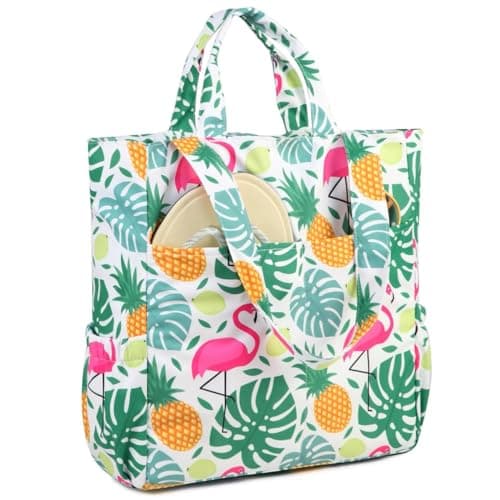 VASCHY Beach Tote Bag for Women, Lightweight Water Resistant Fold-able Large Pool Tote Bag w Zipper for Vocation Cute Flamingo