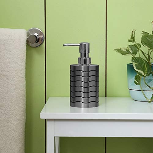 Home Centre Hudson Textured Silver Round Soap Dispenser Poly Resin 500 ml - 10 cmL x 10 cmW x 16.3 cmH