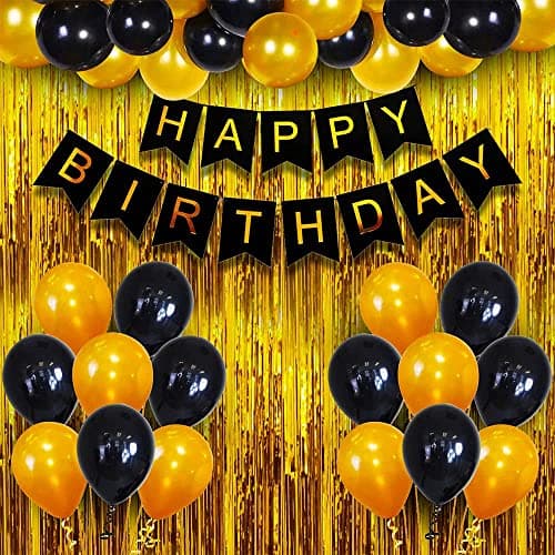 Toys Treasure We Deliver Smiles 46Pcs Black Gold Birthday Decoration Kit With Card Birthday Banner and Curtain for Happy Birthday Party Supplies Balloon Set