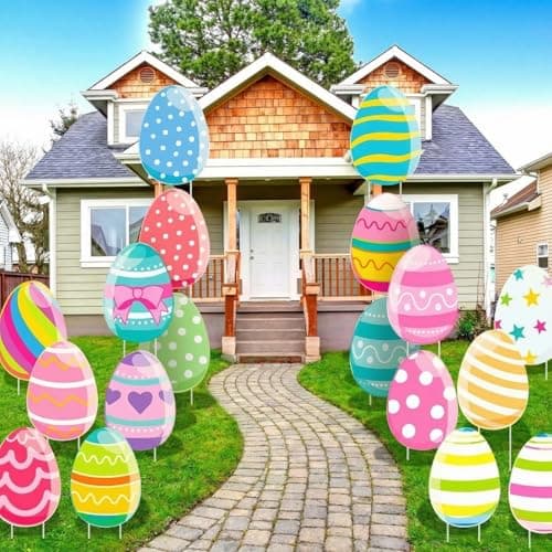 GlikCeil 18 Pcs Easter Colorful Eggs Yard Signs with Stakes Cute Eggs Yard Decorations Decor Waterproof Outdoor Decorations with Stakes for Home Lawn Garden Pathway Walkway Party Supplies, 18 Styles
