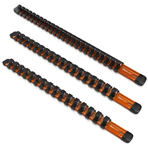 Olsa Tools Aluminum Socket Organizer, 3pc Set - Orange Socket Holder Kit 1/2-Inch, 3/8-Inch, and 1/4-Inch Drive - Holds 58 Chrome or Impact Sockets - Professional Grade Socket Rails - Part: 1106