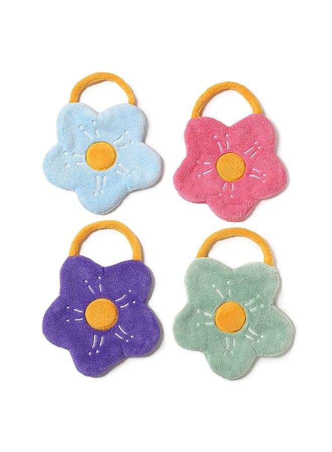 4 Pcs Cute Flower Hanging Hand Towels, Soft Absorbent Coral Fleece Hand Towels with Hanging Loop, Hand Dry Towels for Kitchen Bathroom
