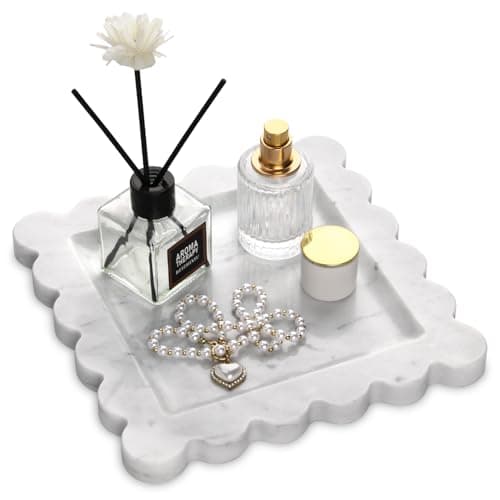 Square Marble Decorative Tray with Scalloped Edge,Luxury Natural Italian Stone Bathroom Vanity Tray, Dresser Top Perfume Coffee Home Sink Tray, Key Trinket Ring (Carrara White, 8 * 8)