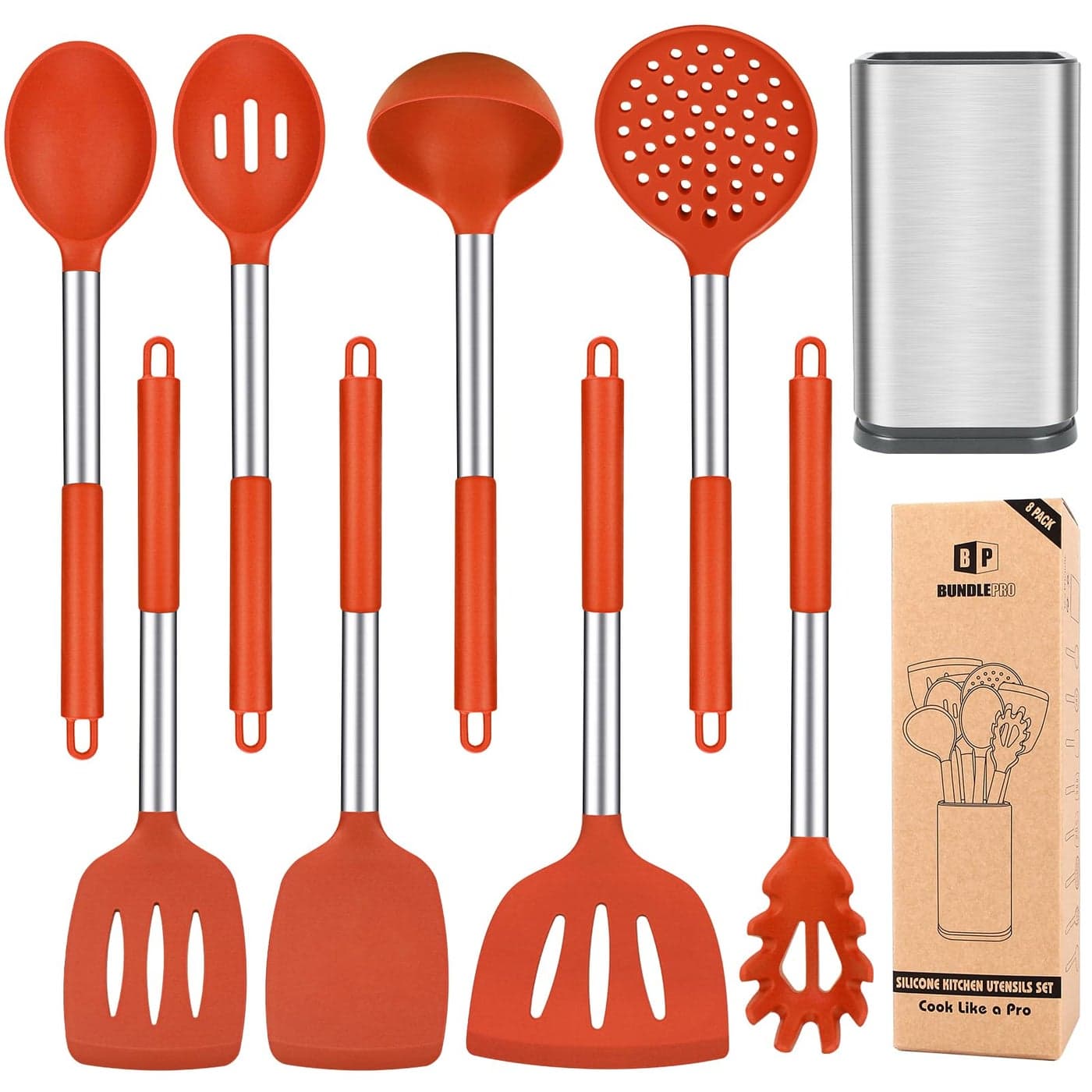 Silicone Cooking Utensil Set 8Pcs Nonstick Cookware with Stainless Steel Handle BPA Free Heat Resistant Kitchen Tools with Spatulas Turners Spoons Skimmer and Pasta Fork RED