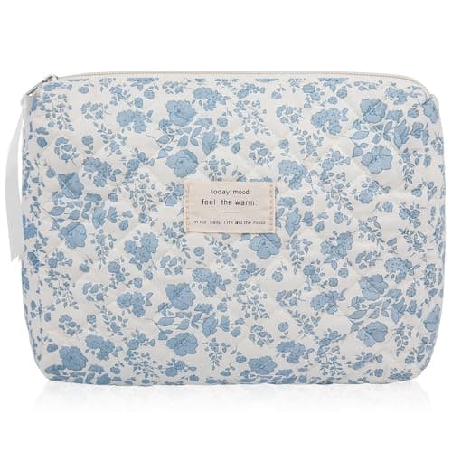 Gosect Floral Makeup Bag Large Cosmetic Bag for Women Girls Cute Cotton Make up Pouch Quilted Makeup Bags Flower Travel Toiletry Organizer BagBlue Floral