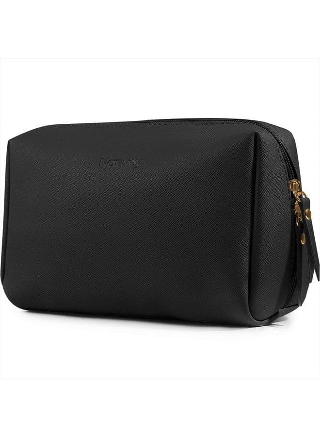 Large Vegan Leather Makeup Bag Zipper Pouch Travel Cosmetic Organizer for Women (Large, Black)