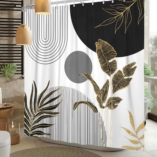 Sillsloso Mid Century Boho Shower Curtain, Abstract Modern Sun Minimalist Aesthetic Shower Curtain, Bohemian Geometric Arch Curve Leaves Neutral Art Fabric Bathroom Curtains Black 72x72 inch