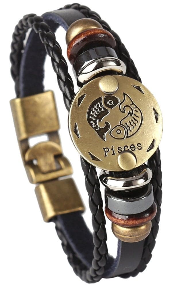 Hamoery Punk Alloy Leather Bracelet For Men Constellation Braided Rope Bracelet Bangle Wristband(Pisces)