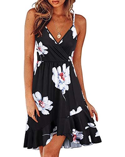 ULTRANICE Women's Summer Dresses 2025 Sundress Trendy Casual Spring Black Floral Flowy Faux Wrap V Neck Clothes Beach Wedding Vacation Outfits Midi V Neck Spaghetti Strap Dress(Black White Floral,M)