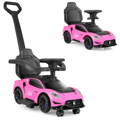 INFANS 3 in 1 Push Car for Toddlers Licensed Maserati Baby Stroller Sliding Walking Car with Push Handle Horn Music Underneath Storage FoottoFloor Ride on Toys for Boys Girls Pink
