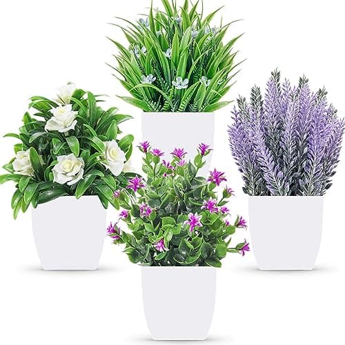 Der Rose 4 Pack Fake Plants Small Artificial Potted Faux Plants with Flowers for Home Bathroom Living Room Office Decor Indoor