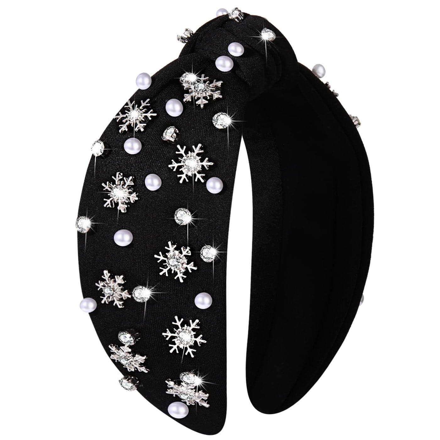 Christmas Headband for Women Rhinestone Snowflake Headband Embellished Crystal Pearl Knotted Headbands Wide Top Knot Xmas Holiday Hairband Christmas Hair Accessories Outfits Gifts Snowflake Black