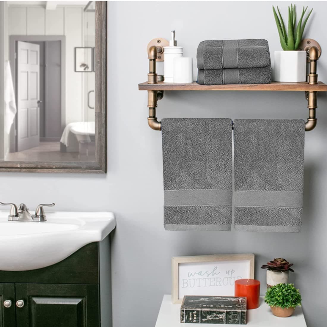 RUIBOLU Hand Towels for Bathroom Cotton Ultra Soft Highly Absorbent Hand Towel 2 Set Size 14 x 30 Home Bathroom Hand Towels for Bath Hand Face Gym Towel Gray