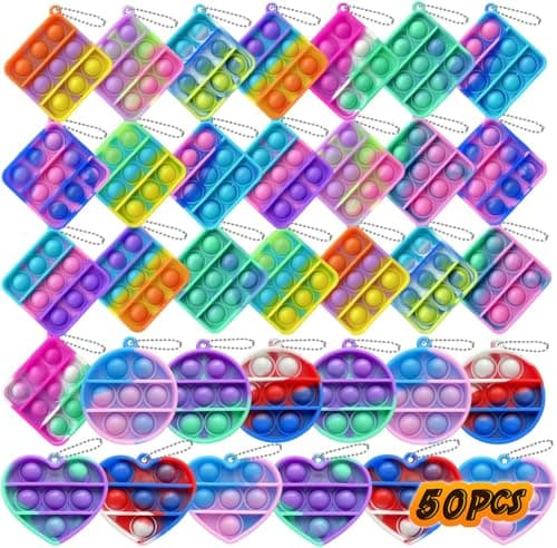 50 pcs Random Color Mini Squeeze Pop Bubble Fidget Sensory Toys Mini Keychain Wrap Small Relieve Anxiety Stress Toy Pop Bulk Silicone Classroom Prize for Kids Adult Party Gift