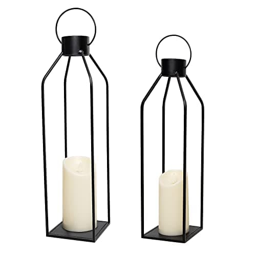 HPC Decor 22'' 19'' Lanterns Decorative w/ Flickering Timer Candles- Large Tall Black Metal Candle Lanterns Set of 2- Modern Farmhouse Decor for Indoor,Outdoor,Tabletop,Porch (No Glass)