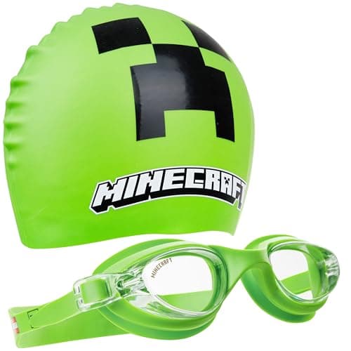 Get Trend Swim Goggles and Swim Cap Kids Teens Anti Fog UV Protection Swimming Goggles (Green Minecraft, 6-14 Years)