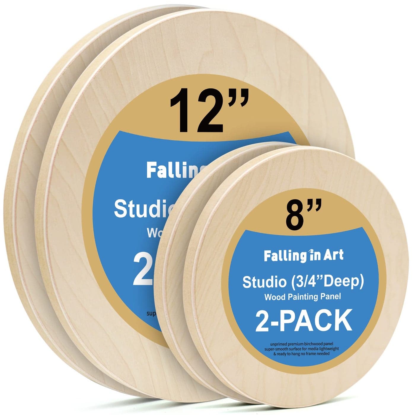 Falling in Art Unfinished Round Birch Wood Canvas Panels Kit Falling in Art 4 Pack of 2 Sizes 8 and 12 Studio 34 Deep Cradle Boards for Pouring Art Crafts Painting and More