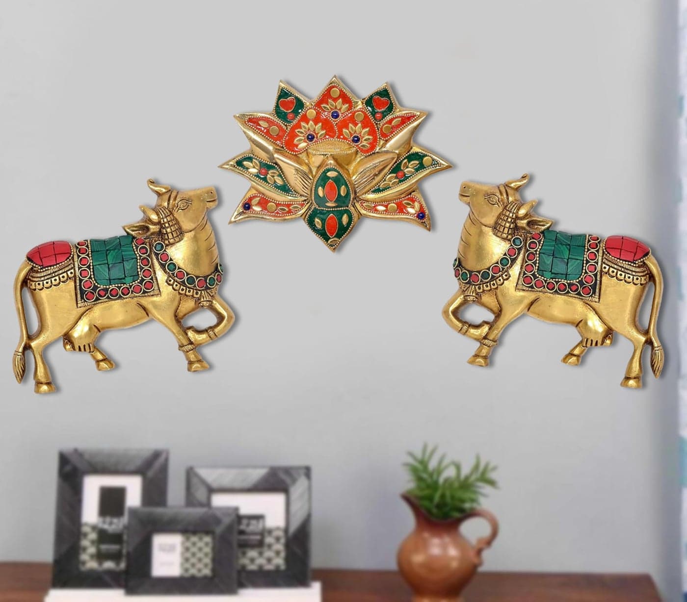 Dattatreya Brass Kamdhenu Cow with Lotus Flower Wall Hanging for Home Decor and Office Wall Decor Vastu Pooja Figurine | Pack of 3 | Height: 5 Inch | Multicolor