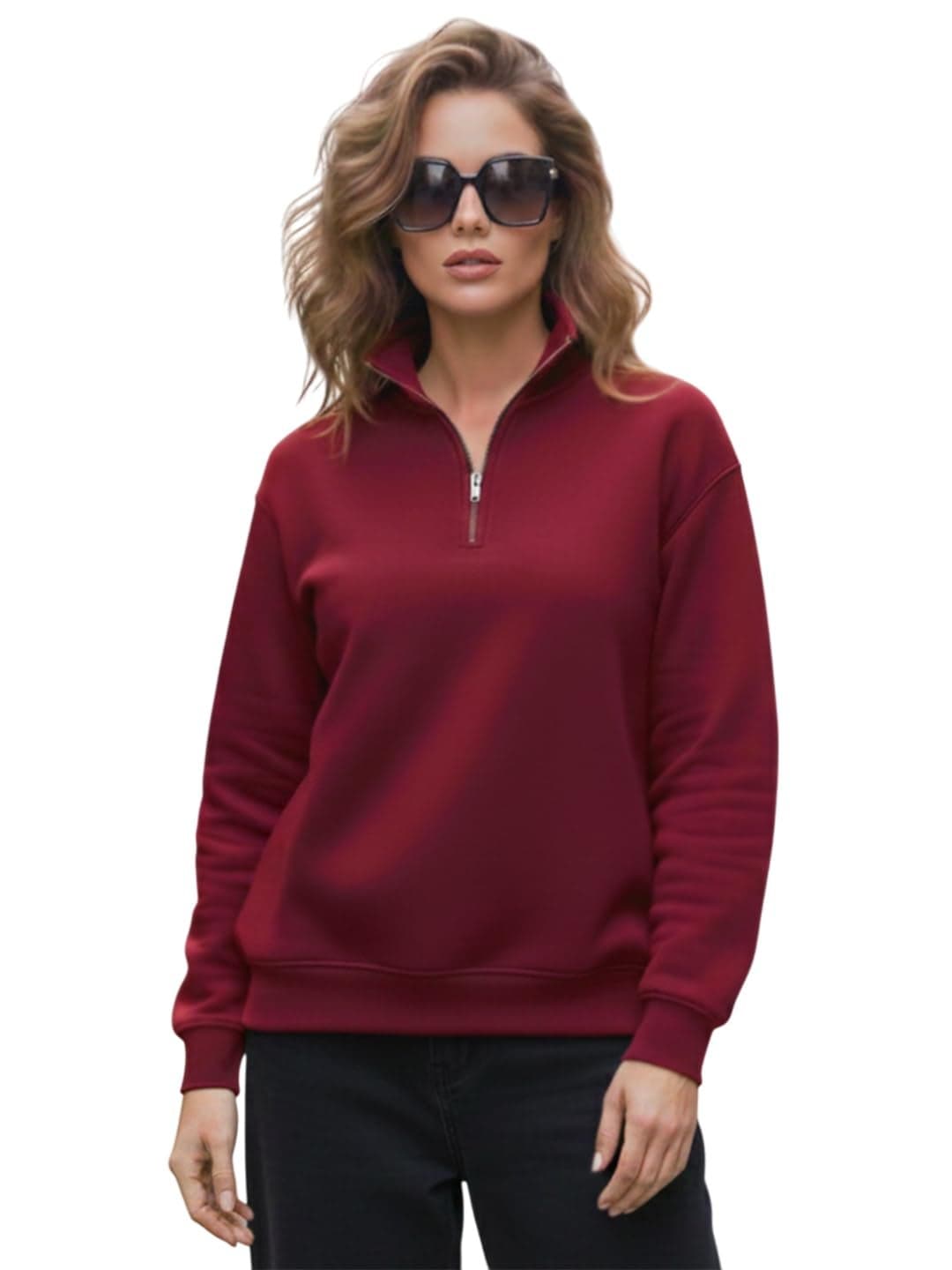 LEOTUDE Women’s Fleece Half-Zip High Neck Sweatshirt | Warm & Stylish Winter Wear (GRL_W84_All_Mix_P_Maroon_M)