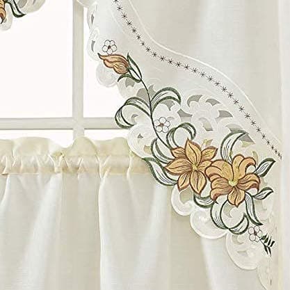 GOHD Lily Fragrance 3pcs MultiColor Embroidery CurtainCafe CurtainSwag Tiers Set with cutworks Gold