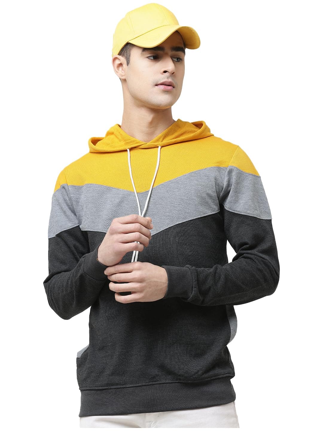 LEOTUDE Men's Loopknit High Neck Hooded Sweatshirt (W93_YLW_Gry_P_Multi_M) Multicolour