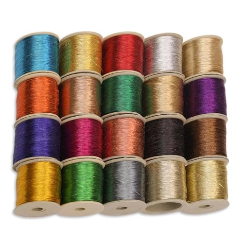 EmbroideryMaterial Metallic Zari Thread Set – 20 Pieces Embroidery Threads All Colours | 0.1mm Thin, 85m Each | Zari Thread for Aari Work, Embroidery, Sewing & Jewellery Making