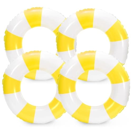 Whaline 4Pcs White Yellow Inflatable Swimming Float Toy Striped Swim Ring Fun Print Pool Lounger Tube for Teen Boy Girl Summer Swimming Beach Party 228 Inch