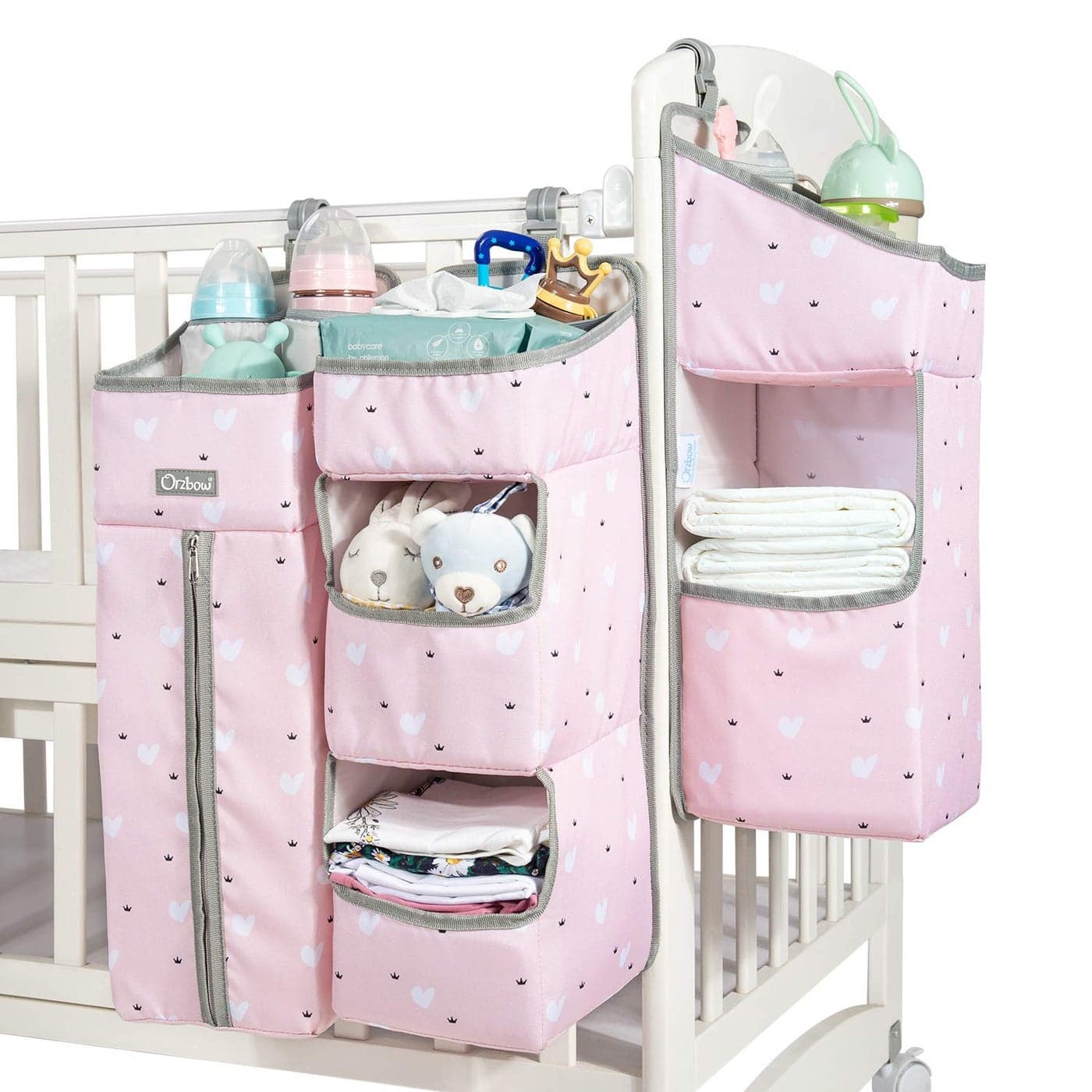 Orzbow 3in1 Nursery Organizer and Baby Diaper Caddy Hanging Diaper Organization Storage for Baby Essentials Hang on Crib Changing Table or Wall Pink