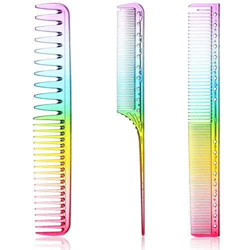 Patelai 3 Pieces Rainbow Fine Tooth Comb for Woman Rat Tail Styling Salon Hair Comb Anti Static Heat Resistant Hairdressing Tools for Root Teasing