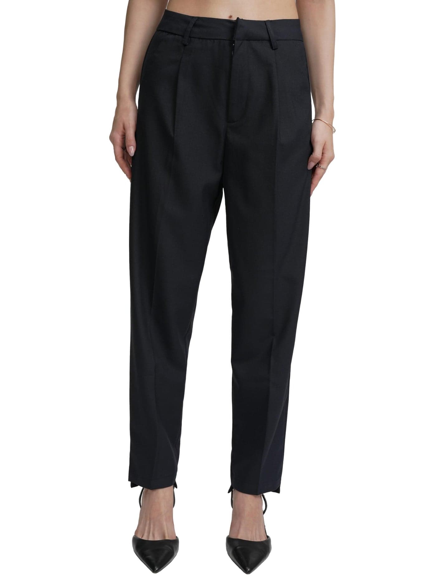 Tokyo Talkies Women Navy Blue Tapered Fit Pleated Trousers | Women Trousers