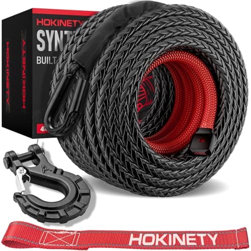 HOKINETY Synthetic Winch Rope Kit - 1/2" x 100' 31,500 lbs Synthetic Winch Cable for ATV UTV Off-Road Vehicles with Forged Hook, Protective Sleeve and Safety Pull Strap - Black