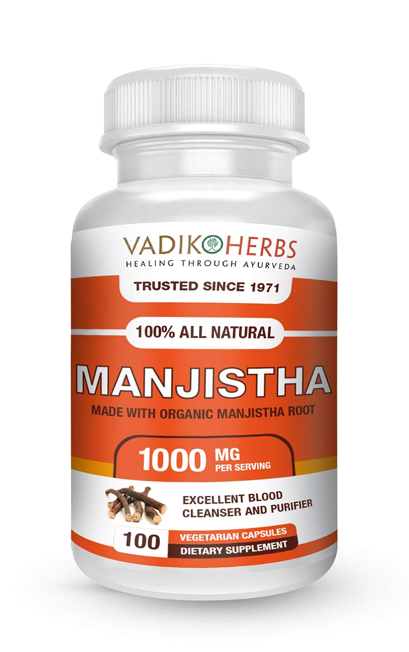 Vadik Herbs Pure Wild harvested Manjistha Rubia cordifolia Indian Madder 100 vegicaps Made in USA Safety Tested No GMO Vegan